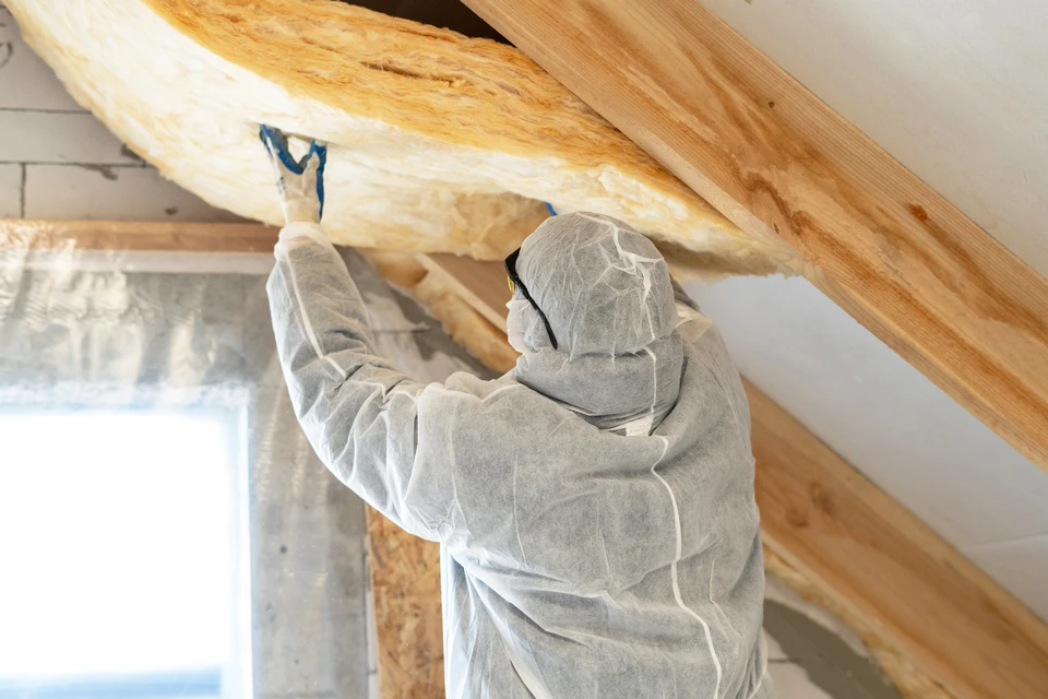 Vue arrière d'un contremaître dans des couloirs travaillant avec du matériel d'isolation en laine de roche, fixer la couche de chaleur sur le plafond et le mur, se tenant à l'intérieur d'une nouvelle maison en construction