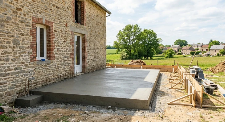 Main de travailleur tenant une taloche en bois sur surface de béton lisse gris clair