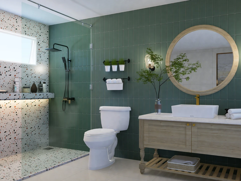 Salle de bain luxueuse avec baignoire d'angle encastrée, douche à l'italienne avec paroi vitrée, double vasque sur meuble en bois massif